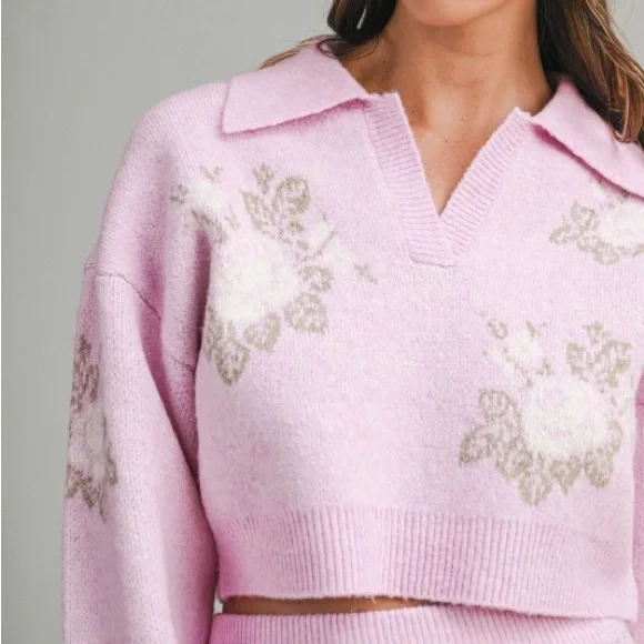 Pink Floral Jacquard Crop Sweater And Skirt Set - Picture 8 of 16